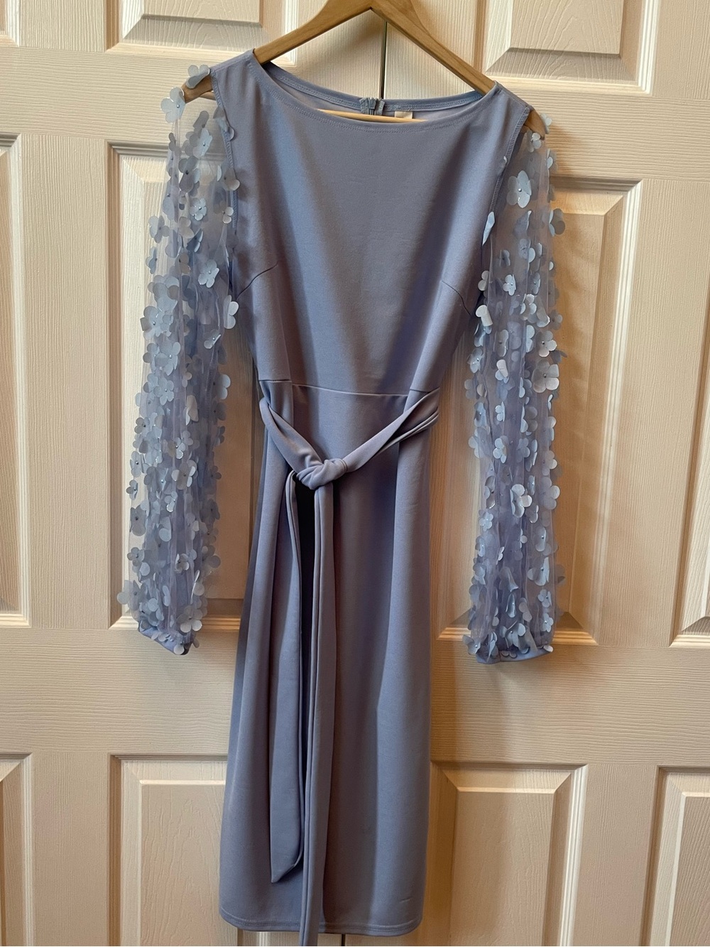 Elegant Light Blue Sheath Dress with Floral Mesh Sleeves - Picture 3 of 6